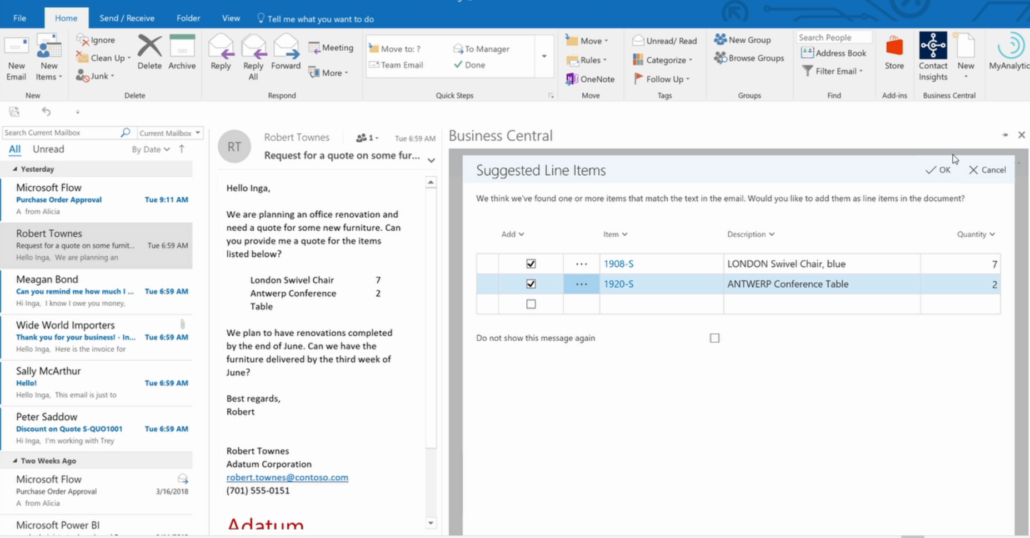 Dynamics 365 Business Central and Outlook